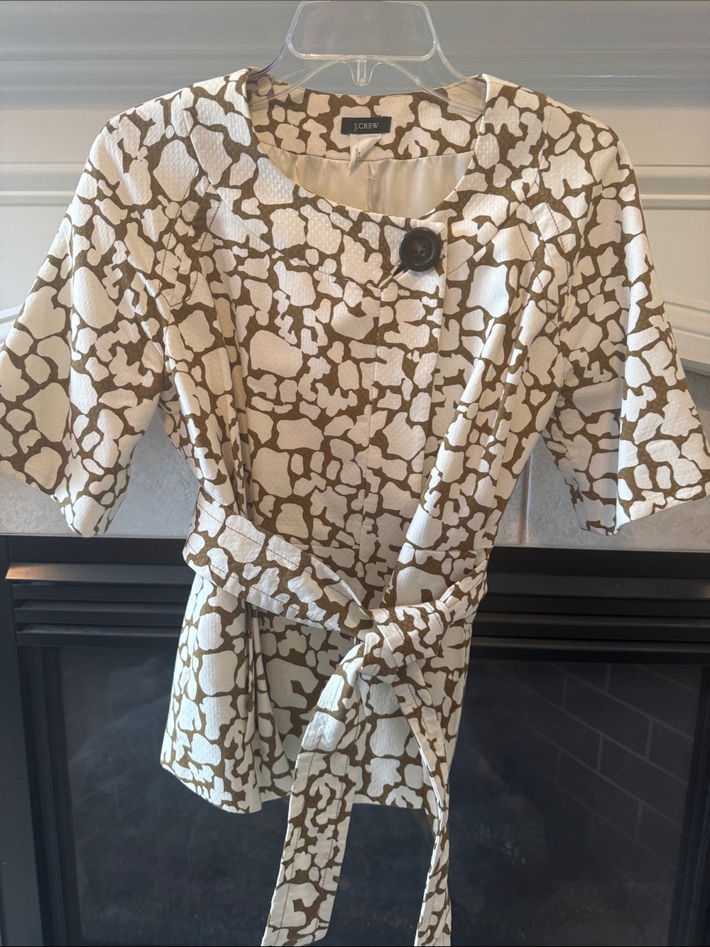 J. Crew Cream and Brown Abstract Short-Sleeve Belted Jacket